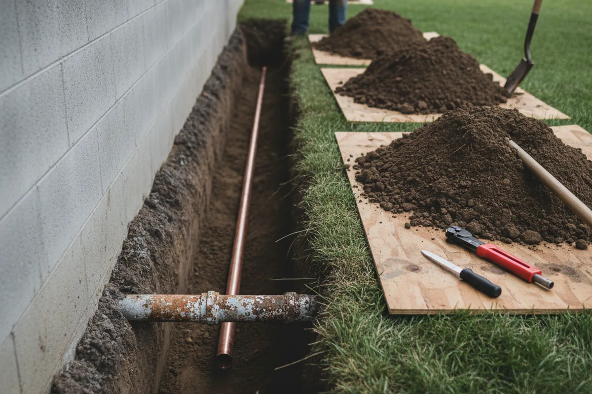 Excavated water line trench during Water Heater Repair in Huntington Woods